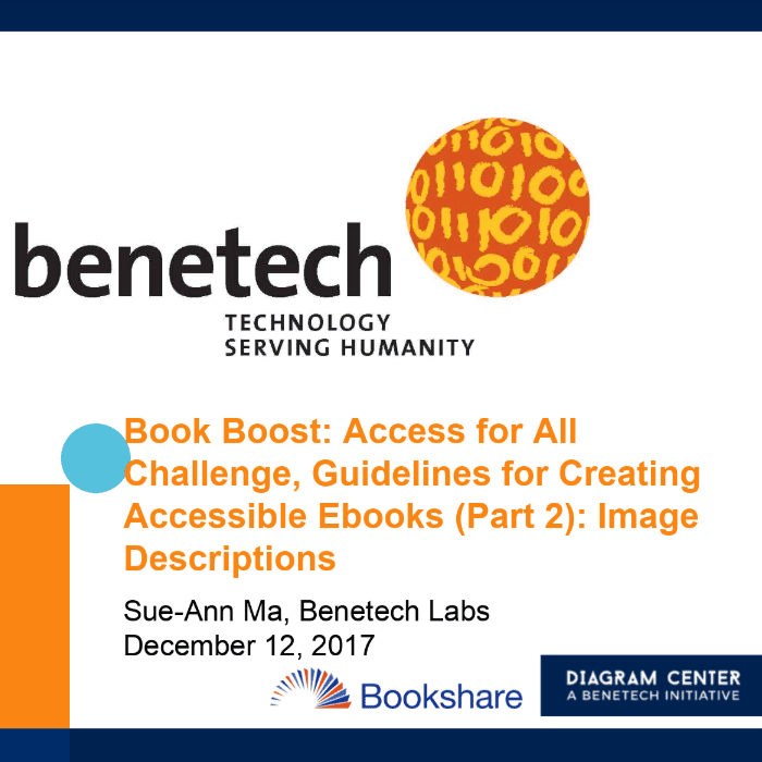Book Boost: Access for All Challenge, Guidelines for Creating Accessible Ebooks (part 1): EPUB Accessibility, featuring Benetech, Bookshare, and Diagram Center logos