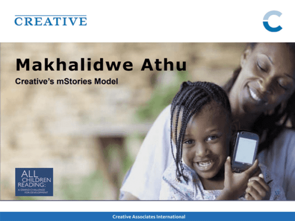 Screenshot of Creative Associates' presentation on Makhalidwe Athu project. Pictured is a mother and daughter holding a mobile phone.