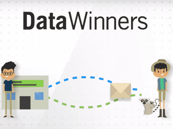 Graphic presenting the DataWinners platform, featuring two illustrations of men, one in front of a building, the other next to an envelope.