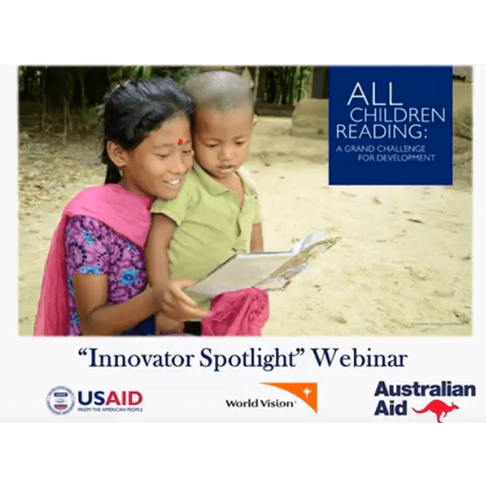Cover of presentation of "Innovator Spotlight Webinar" featuring two girls reading a book.
