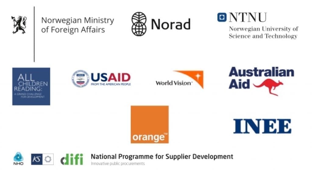 logos of prize competition partners Norwegian Ministry of Foreign Affairs, Norad, Norwegian University of Science and Technology, All Children Reading, USAID, World Vision, Australian Government, INEE and Orange.