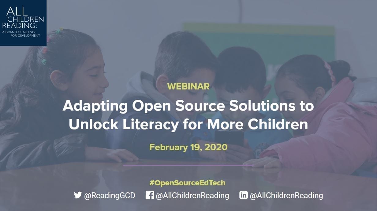 Screenshot of ACR GCD webinar with Curious Learning, titled "Adapting Open Source Solutions to Unlock Literacy for All Children"