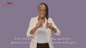 eKitabu's Georgine Auma signs an introduction to Digital Story Time, a series of storybooks in Kenyan Sign Language that airs morning and evening on Kenyan television, and on demand on YouTube and ekitabu.com/tv.