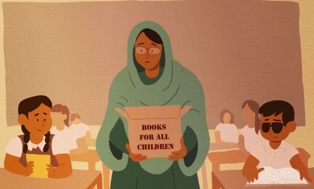 Illustration of a teacher who hands out accessible books to a boy who is blind and a girl who is deaf. The teacher is carrying a box labeled, "Books for all children."