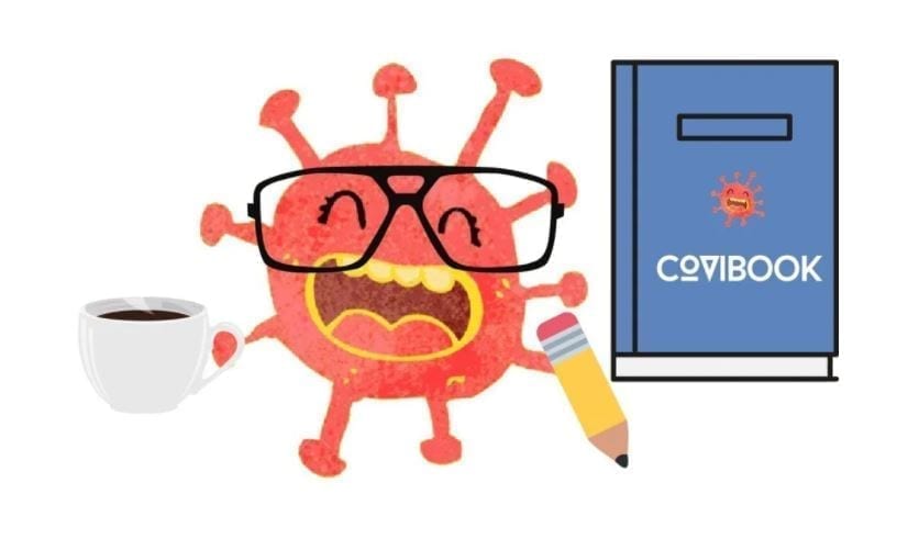 Illustration of red virus character holding a cup of coffee and pencil and sitting next to a book titled, "Covibook."