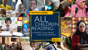 a collage of photos with children reading, including children with disabilities, with the All Children Reading logo on top