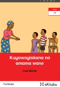 The cover of Kuyowoyiskana na amama wane (Talking with my Mum)), which shows an illustration of a mother using sign language with three children