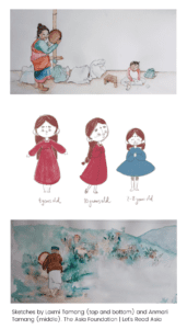 Top: Colorful sketch depicting a woman smiling with a child sitting on the floor; Middle: Sketches of three little girls, two in red dresses and another in a blue dress; Bottom: Colorful sketch of a hill with flowers and people walking