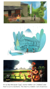Top: Colorful art depicting a house with a child smiling, a flag and a man in the background; Middle: Colorful sketch of a house and two children running in the rain; Bottom: Colorful sketch of a child smiling and a cat with a field in the background