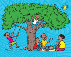 Illustration from the cover of book from the TAF PNG Collection; illustrations shows children swinging, playing and sitting under a tree
