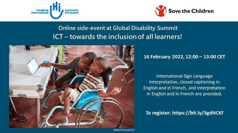 Picture of two children looking at a laptop, one child is using a wheelchair. Online side-event at Global Disability Summit: ICT: Towards the inclusion of all learners. 16 February 2022. International Sign Language interpretation, closed captioning in English and French, and interpretation in English and in French are provided.