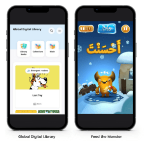 Cell phones with screenshots of Global Digital Library and Feed the Monster smartphone app