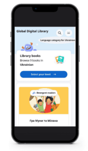 A smartphone with a screenshot of the Global Digital Library, an online platform with over 6000 books in 90 languages
