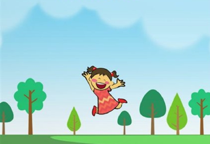 Drawing of a girl jumping with trees in the background