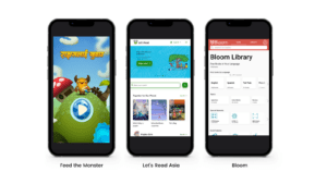Feed the Monster, Let's Read Library and Bloom Library on smartphones