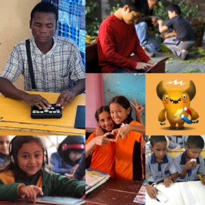 a collection of photos of children using EdTech